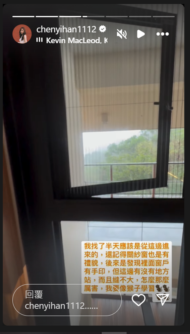 事后，陈意涵推测，猴子应该是推开纱窗进来的。（图／翻摄自陈意涵IG）