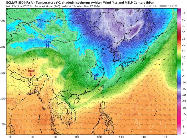 根据欧、美模式模拟，27日前后可能有一波冷气团接近，强度有待观察。（翻摄观气象看天气脸书）