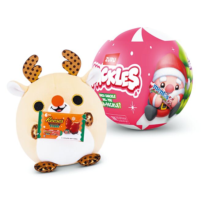 振光玩具的毛球小吃货耶诞系列玩偶与知名零食品牌联名，像拿着Reese’s巧克力的红鼻子驯鹿。（振光玩具提供）