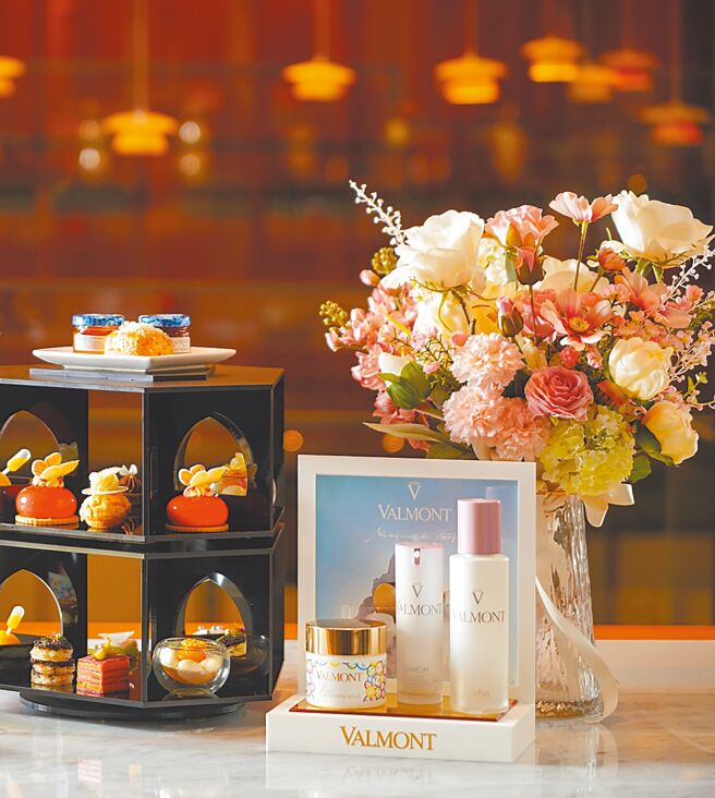 桃園大溪笠復威斯汀度假酒店攜手瑞士頂級保養SPA品牌Valmont祭出「Westin x Valmont女爵蝶舞英式午茶組」。（桃園大溪笠復威斯汀度假酒店提供）