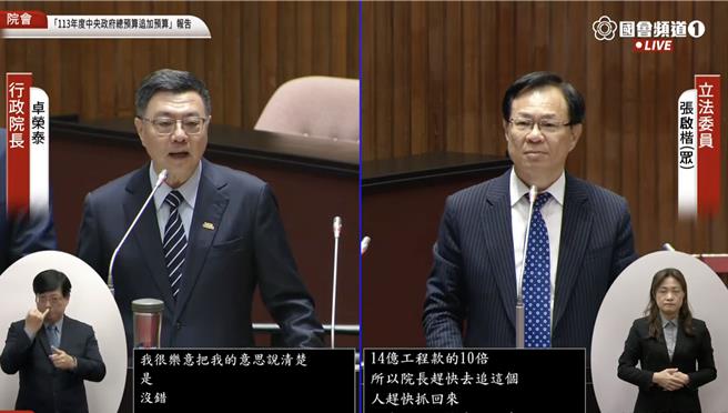 民眾黨立委張啓楷（右）質詢行政院長卓榮泰（左）。（國會頻道）