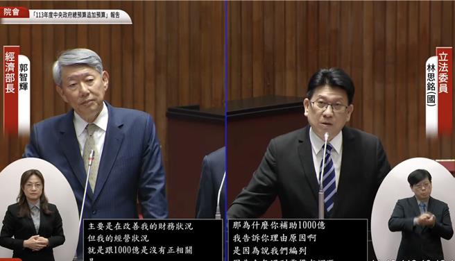 国民党立委林思铭（右）质询经济部长郭智辉（左）。（国会频道）