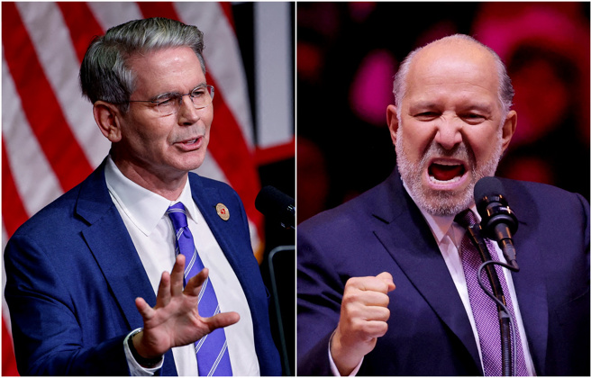 川普上任后将如何实施关税政策？最热门的财长人选贝森特（Scott Bessent，上图左）及卢特尼克（Howard Lutnick，上图右）对关税的立场不同。（路透社）