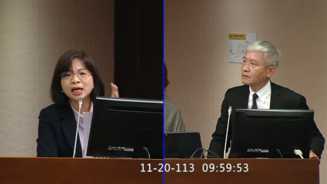 民进党立委林淑芬（左）20日在立法院卫环委员会质询，右为劳发署长蔡孟良。（截自立法院ivod）