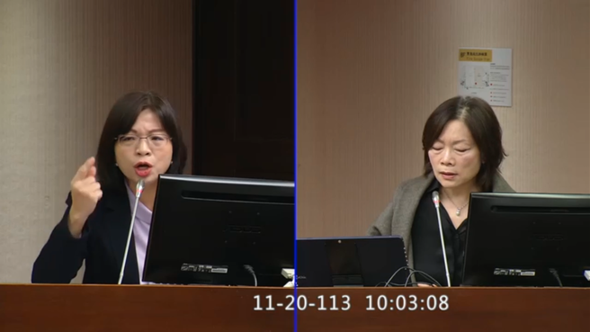 民进党立委林淑芬20日在立法院卫环委员会质询，右为劳动部长何佩珊。（截自立法院IVOD）