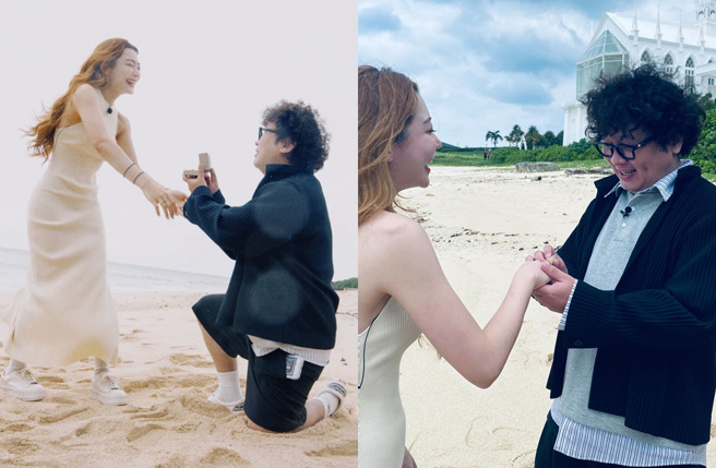 纳豆在冲绳沙滩下跪求婚，让依依超感动。（图／依依 Instagram）