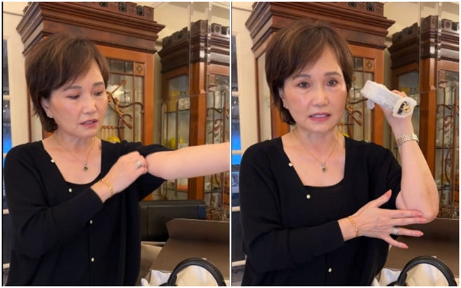 前主播沈春華傷後首度開箱直播，同時表示自己的膝蓋和手肘都在痛。（圖／攝自FB@沈春華 Live Show）