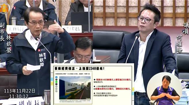 民进党籍高市议员何权峰22日赴高市议会总质询，他关心捷运黄线进度，，询问能否如期在2028年完工？对此，副市长林钦荣答询指出，捷运黄线会在2032年局部通车、2034年全线通车。（摘自高市议会YOUTUBE频道／洪浩轩高雄传真）