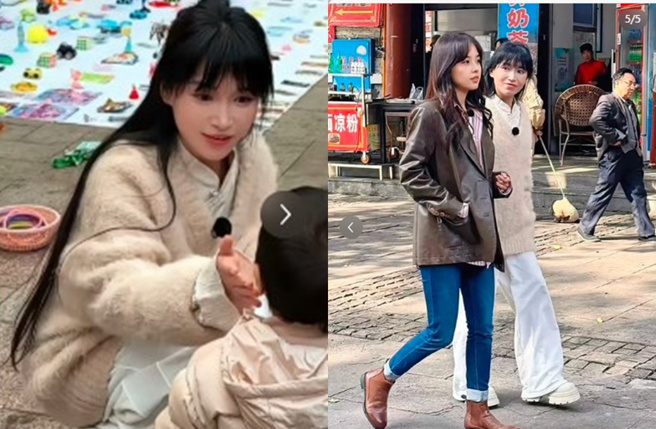 网友直击野生李子柒（左图）现身公园拍片。（图／小红书）