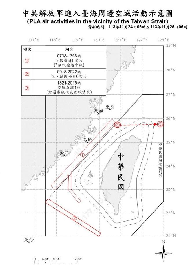 中共解放军进入臺海周边空域活动示意图。（国防部提供）