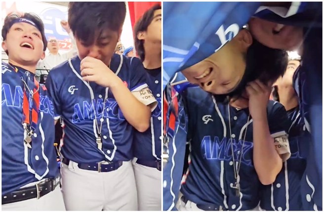 中华队夺下12强棒球赛冠军，中职应援团长们集体相拥并落下男儿泪。（图／sipun_fighting Threads）