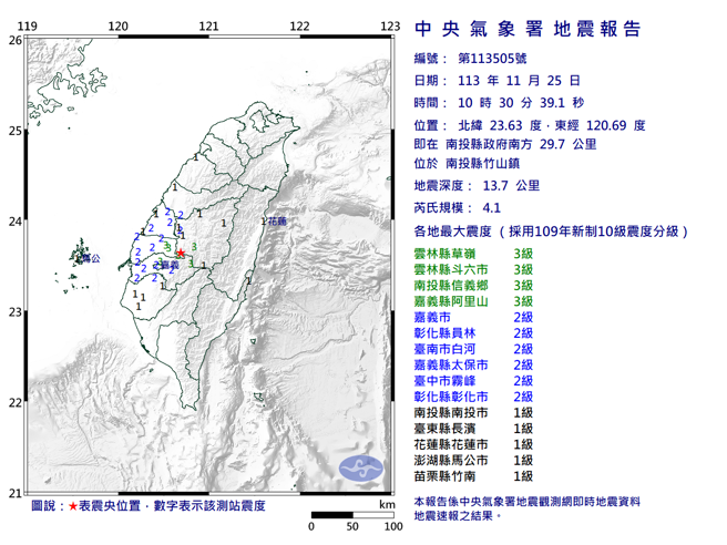 10：30南投竹山规模4.1地震 最大震度云嘉南3级。（气象署提供）