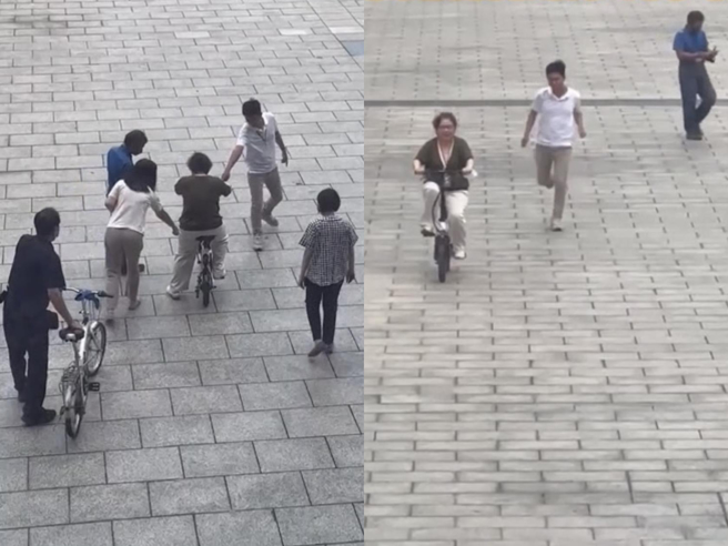 根据爆料影片可见，李秀凤准备骑乘脚踏车前，旁边跟着4至5位同仁，大伙儿担心李不太会骑，在旁待命随时搀扶；穿白色T恤的同仁则是跟在一旁「小跑步」。（翻摄画面／纪爰高雄传真）