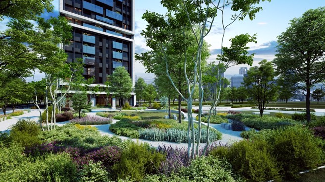 【金朋馥蓊】主動認養公園，與合庫綠帶廣場共塑約五千坪島嶼街廓，對於市中心實屬難能可貴。（圖片來源/金朋建設提供）