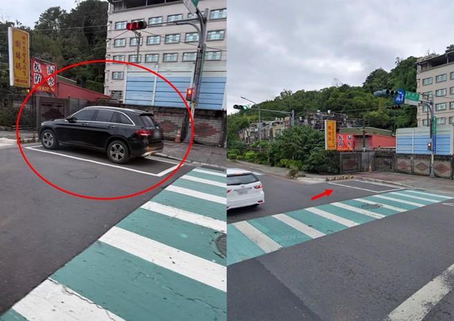 民眾拍下一辆宾士休旅车，把路口待转区当作停车格，痛批实在离谱。（图／google地图/詹小姐授权）