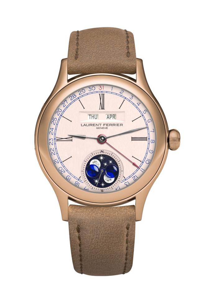 拿下今年日内瓦钟表大赏的Laurent Ferrier Classic Moon月相年历表玫瑰金款，344万5000元。（瑞博品提供）