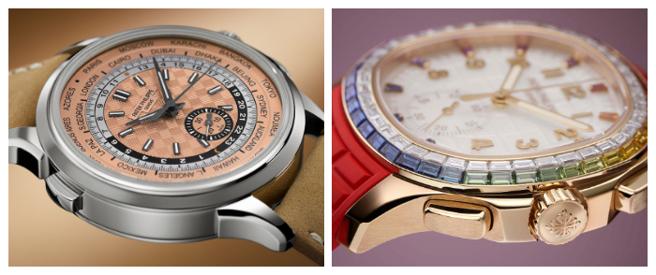 百達翡麗計時碼表因為多了計時按把，更添賞玩趣味。圖為Ref.5935A-001世界時區計時碼表(左）、Ref.7968/300R-001 Aquanaut Luce「彩虹」計時碼表。（Patek Philippe提供）