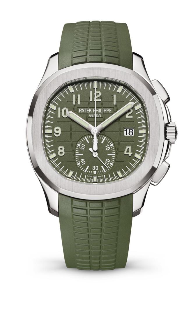 百達翡麗Aquanaut系列Ref.5968G-010白金款式飛返計時碼表，橄欖綠表盤十分吸睛。（Patek Philippe提供）