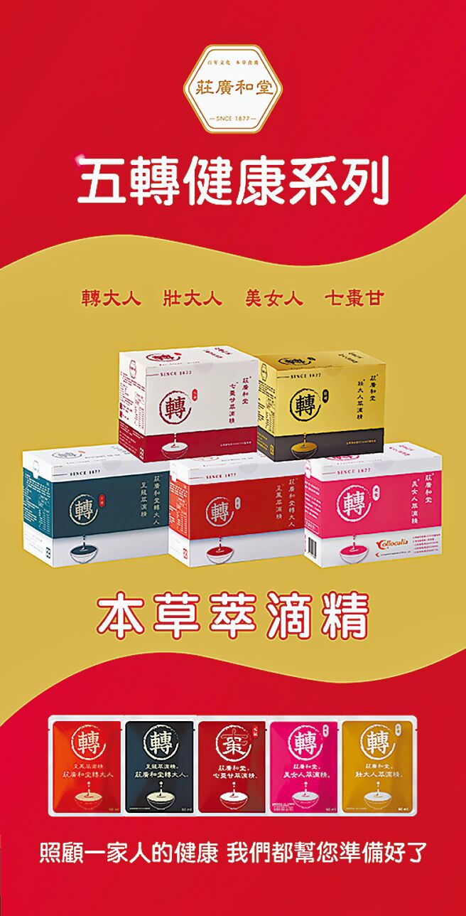 庄广和堂全球首创「本草萃滴精」五转健康系列。图／庄广和堂提供