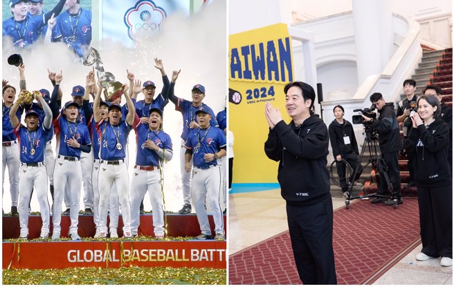 总统赖清德与中华队球员合体跳呛司曲《台湾尚勇》。（图／中时资料照）