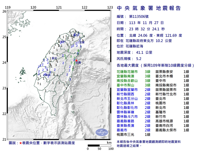23：32花蓮近海發生芮氏規模5.2地震。（氣象署）