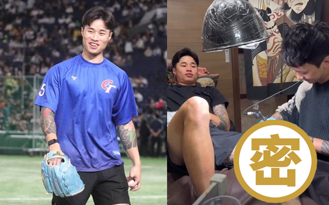 林昱珉不只包手刺青，左腿也全刺满图案。（左／赵双杰摄、右／翻摄雕育IG）