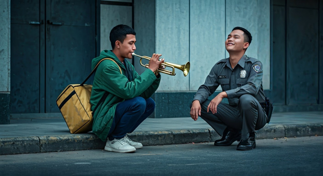 网路流传泰国一间警局对面路边，有名外送员对着穿着警察制服的男子吹奏乐器，当地警局驳斥非警务人员。（示意图、与本案无关／AI生成）