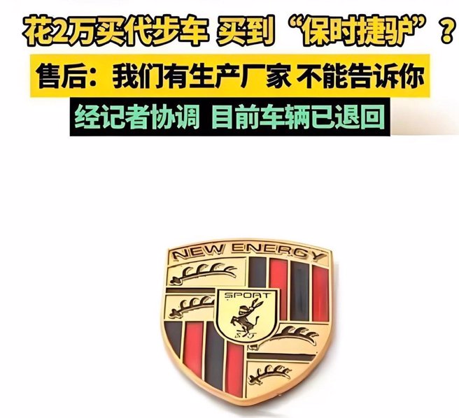 花费超过2万元人民币（约8.9万台币）购得一辆外形酷似保时捷小卡宴的电动车，却发现车标竟由保时捷的「骏马」变成了「驴」。（翻摄微博）