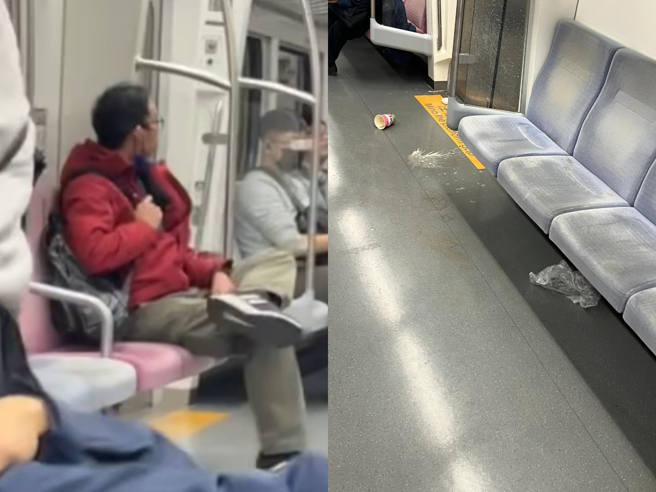 红衣男子情绪失控，先是狂骂脏话喊「来打架啊！」后又往地板怒砸饮料，其他乘客见状纷纷躲避。（翻摄自Threads/jasonsung0118）