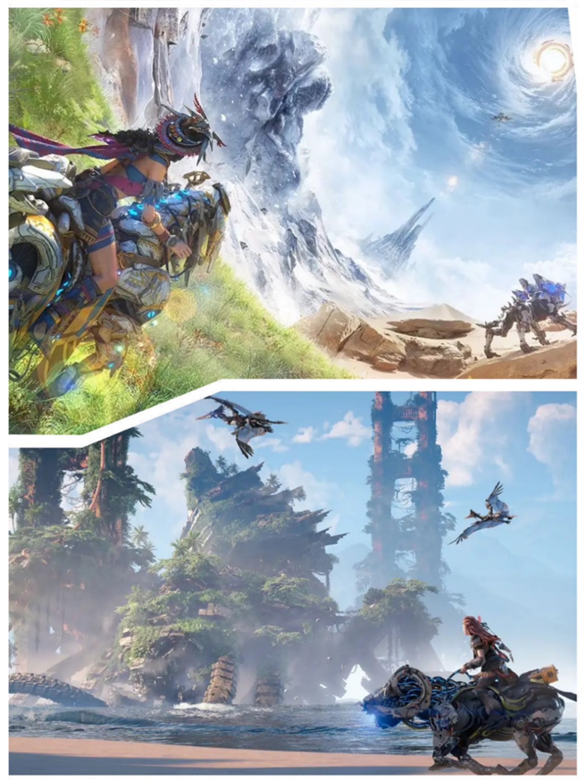 《荒野起源》与《地平线Horizon》的主要美学元素比对。（图片拼贴来源/上图取自腾讯、下图取自索尼SONY）