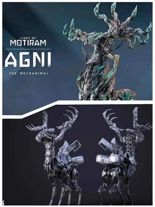 《荒野起源》机械兽烈火与《地平线Horizon》的机械兽Fanghorn设计对比。（图片拼贴来源/上图取自腾讯、下图取自索尼SONY）