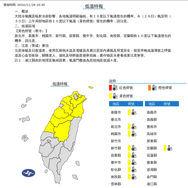 北部、中部9县市低温特报，空旷地区气温剩不到10度。(图／气象署)