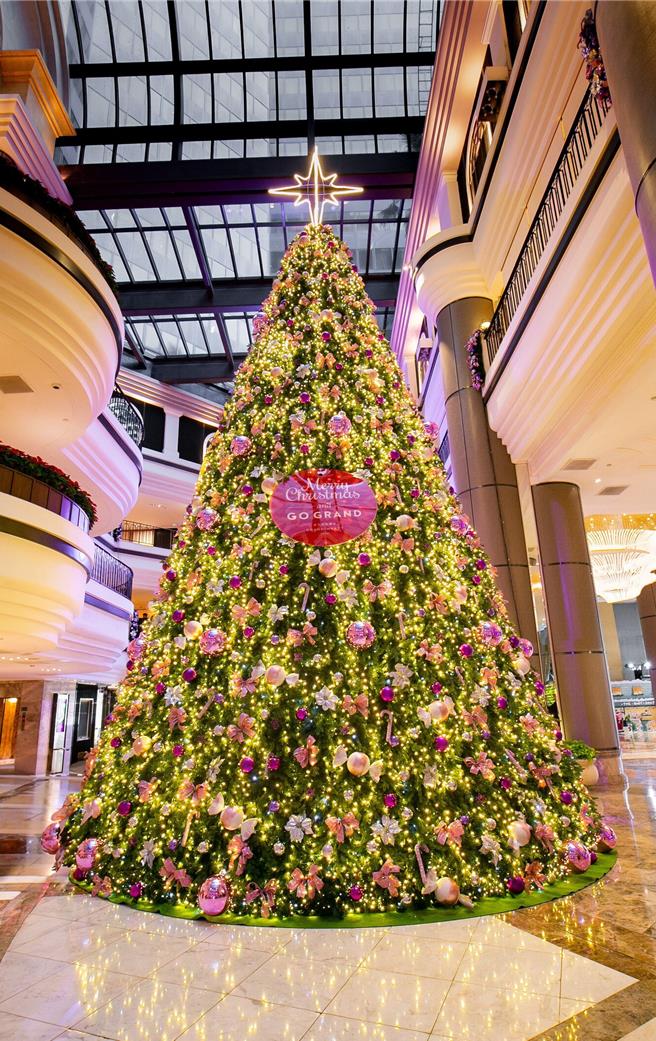 台北君悅耗資200萬打造全新10米高巨型聖誕樹，集結萬件飾品與閃耀燈飾，11月27日晚間點亮聖誕樹，是信義區每年聖誕節打卡朝聖點。 (台北君悅酒店提供)