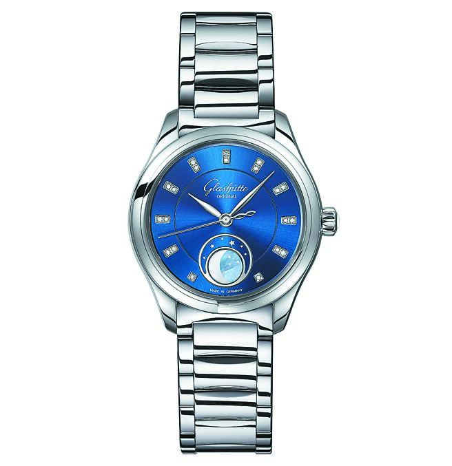 格拉蘇蒂原創Serenade Luna小夜曲月相女表，精鋼藍面款，37萬5000元。（Glashutte Original提供）