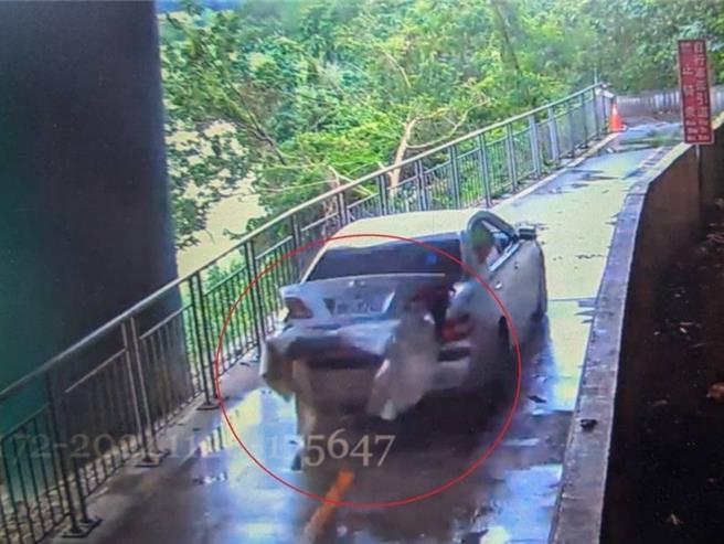 树林警分局柑园派出所18日接获新北市府高滩地工程管理处保全人员报案，指树林区田尾街自行车专用道上的不锈钢护栏不翼而飞，经扩大调阅监视画面2日后，员警在失窃地不远处发现可疑轿车违停在高滩地自行车专用道内，后车厢还载满不锈钢护栏。（翻摄画面）