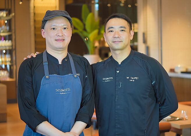 台北W饭店的现代法式餐厅〈Seasons by olivier e.〉行政副主厨叶城乐（右），以及点心房副主厨郑清松（左）携手执行耶诞与跨年套餐。图／姚舜
