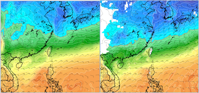 左图：最新（1日20时）欧洲模式ECMWF，周日（8日）20时模拟图显示，850百帕零度（红）线，与北部陆地距离增大。右图：最新（1日20时）美国模式GFS，8日20时模拟图显示，850百帕零度线，与北部陆地距离亦稍增大，显示模拟冷空气强度已连续调弱。（翻摄自泄天机专栏）

