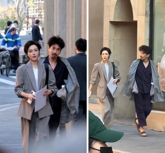 唐嫣與趙又廷拍攝《獨身女人》的路透照曝光。（圖／翻攝自微博）