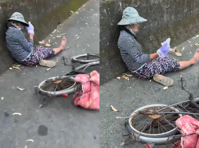 阿嬷骑脚踏车疑似自摔，民眾上前关心，没想到阿嬷却想趁机敲诈，大骂「靠X啊！拿钱来！」（翻摄自Threads）