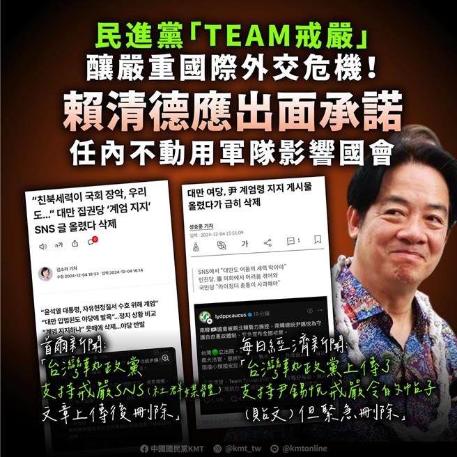 民進黨立院黨團深夜發文附和南韓發動戒嚴，雖已刪文仍引發抨擊，更登上南韓主流媒體版面。（摘自國民黨臉書）