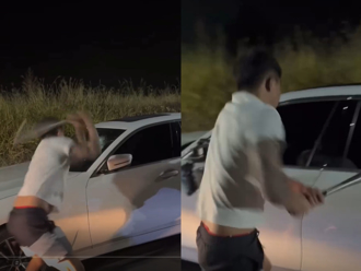 球棒隊出沒！白衣瘦男暴走猛砸BMW名車 網酸：猴子不會用腦