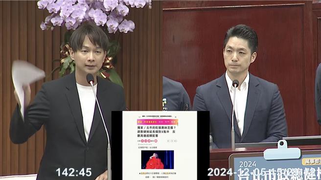 艺人张惠妹将于12月31日在台北大巨蛋办演唱会，民眾党议员陈宥丞（左）接获爆料，台北市政府曾要求张惠妹唱到凌晨2时，或者举办摸彩活动，以延后散场时间。（摘自台北市议会直播／刘彦宜台北传真）