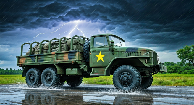 越南日前一辆运送炸药的卡车，遭闪电击中引爆炸弹，导致车上12名士兵全部罹难。（示意图、与本案无关／AI生成）