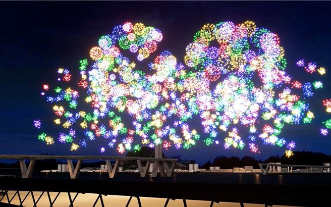 「闪耀新北1314跨河烟火」将于12月31日20点25分准时点燃，在淡水河上空施放超过3万发的烟火，创下歷年来的新纪录，图为模拟图。（新北市高滩处提供）