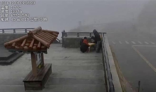 公路局即时影像中，起初4个人挤在武岭亭观景台右上角角落打麻将。（翻摄公路局合欢山武岭亭即时影像／杨静茹南投传真）