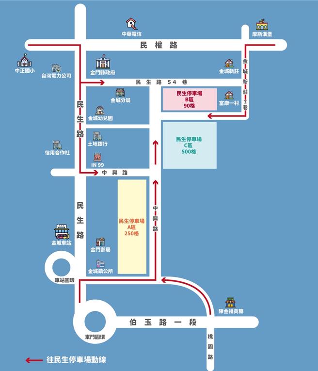 金门金城「民生停车场C区」位在金城幼儿园后旁，县府特别设置专属家长接送的停车格，并划设人行道等标志，要让接送幼童上下学时更安全顺畅。(图／金门县政府提供)