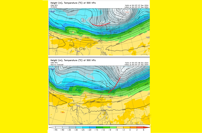 鄭明典指出，24小時天氣預測圖出現橫槽擺正，是台灣降溫徵兆。（翻攝自鄭明典臉書）