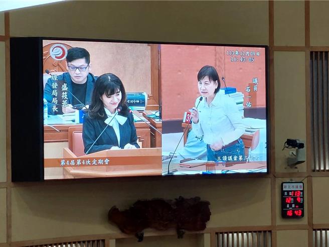 民進黨新北市議員石一佑（右）今（9）日指出，新北市長侯友宜總質詢時曾承諾「拚農曆年前試營運」，但現在看來要跳票了，延至明年4月才開幕，呼籲市府先開放一、二樓，讓攤商能賺錢過好年。（陳慰慈攝）