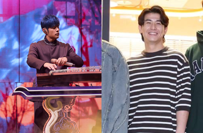 周杰伦最终场邀请坐在台下的台湾队长陈杰宪唱歌。（图／杰威尔音乐提供、陈俊吉摄）