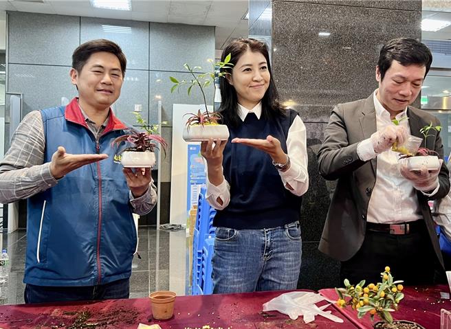 南投县长许淑华、青农联谊会长连晏莹、县府新闻及行政处长蔡明志等人体验绿色盆栽DIY，为猪猪嘉年华宣传。（杨静茹摄）